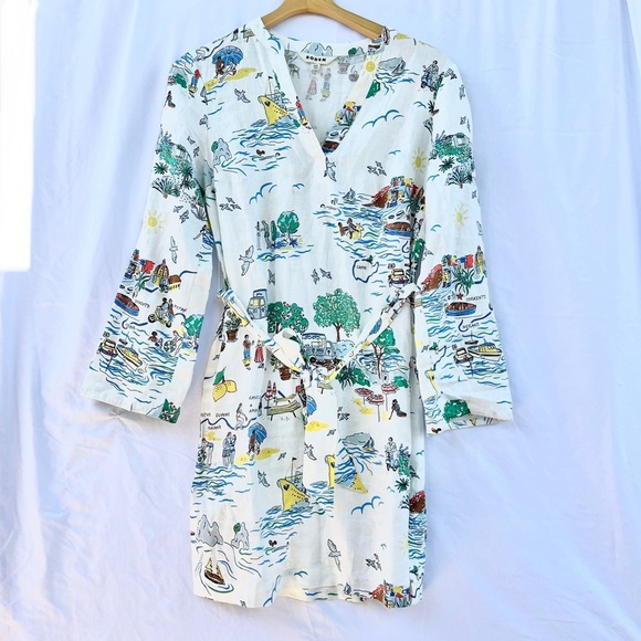 BODEN | CLEO LINEN TIE WAIST DRESS IN IVORY AMALFI COAST PRINT SIZE 6 - Picture 5 of 10